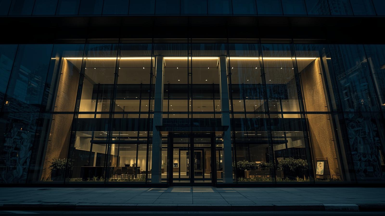 je veux une image de vitrage de belle entreprise avec des beau vitrage filmé fumé UV solaire je veux une image sombre mais pas trop et l'image prise de jour